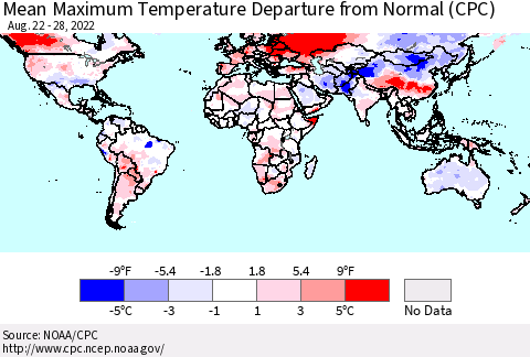 World Mean Maximum Temperature Departure from Normal (CPC) Thematic Map For 8/22/2022 - 8/28/2022