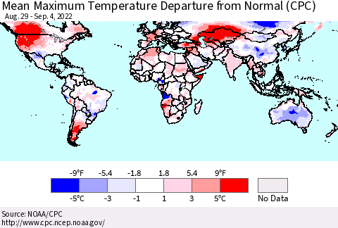 World Mean Maximum Temperature Departure from Normal (CPC) Thematic Map For 8/29/2022 - 9/4/2022