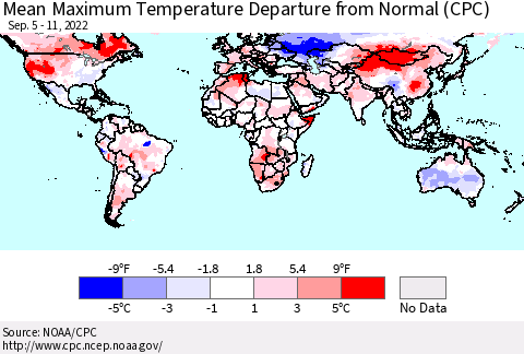 World Mean Maximum Temperature Departure from Normal (CPC) Thematic Map For 9/5/2022 - 9/11/2022