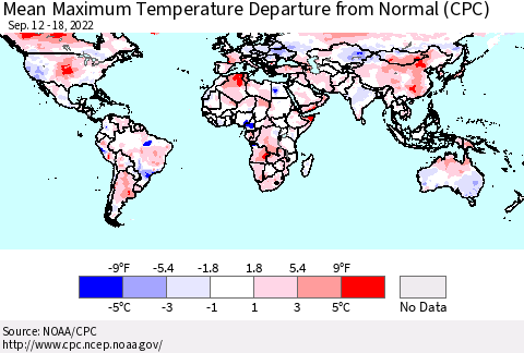 World Mean Maximum Temperature Departure from Normal (CPC) Thematic Map For 9/12/2022 - 9/18/2022