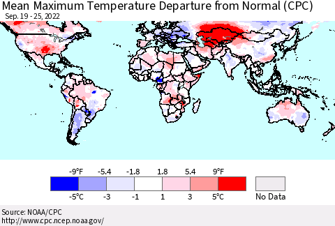 World Mean Maximum Temperature Departure from Normal (CPC) Thematic Map For 9/19/2022 - 9/25/2022