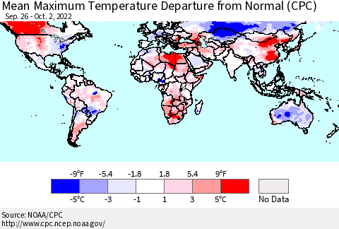 World Mean Maximum Temperature Departure from Normal (CPC) Thematic Map For 9/26/2022 - 10/2/2022