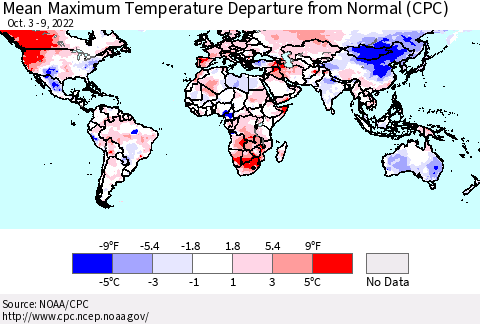 World Mean Maximum Temperature Departure from Normal (CPC) Thematic Map For 10/3/2022 - 10/9/2022