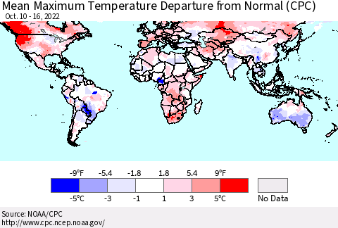 World Mean Maximum Temperature Departure from Normal (CPC) Thematic Map For 10/10/2022 - 10/16/2022