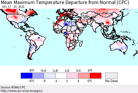 World Mean Maximum Temperature Departure from Normal (CPC) Thematic Map For 10/17/2022 - 10/23/2022