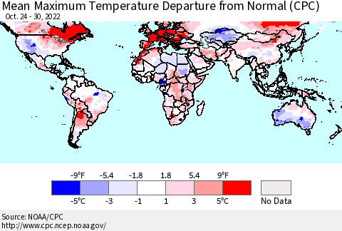 World Mean Maximum Temperature Departure from Normal (CPC) Thematic Map For 10/24/2022 - 10/30/2022