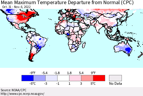 World Mean Maximum Temperature Departure from Normal (CPC) Thematic Map For 10/31/2022 - 11/6/2022