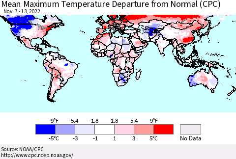 World Mean Maximum Temperature Departure from Normal (CPC) Thematic Map For 11/7/2022 - 11/13/2022