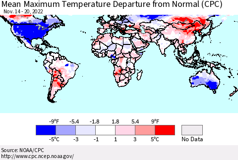 World Mean Maximum Temperature Departure from Normal (CPC) Thematic Map For 11/14/2022 - 11/20/2022