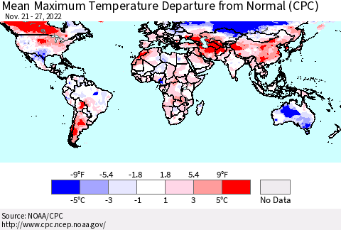 World Mean Maximum Temperature Departure from Normal (CPC) Thematic Map For 11/21/2022 - 11/27/2022