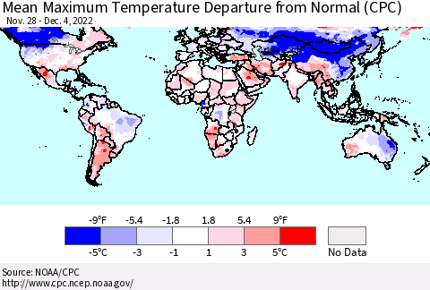 World Mean Maximum Temperature Departure from Normal (CPC) Thematic Map For 11/28/2022 - 12/4/2022