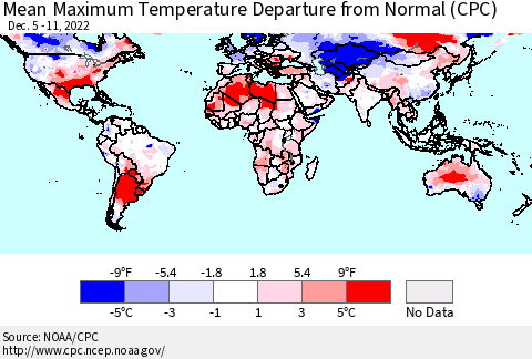 World Mean Maximum Temperature Departure from Normal (CPC) Thematic Map For 12/5/2022 - 12/11/2022