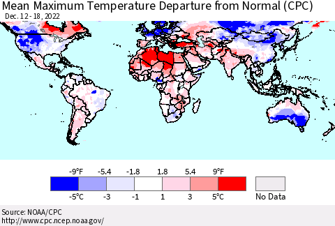 World Mean Maximum Temperature Departure from Normal (CPC) Thematic Map For 12/12/2022 - 12/18/2022