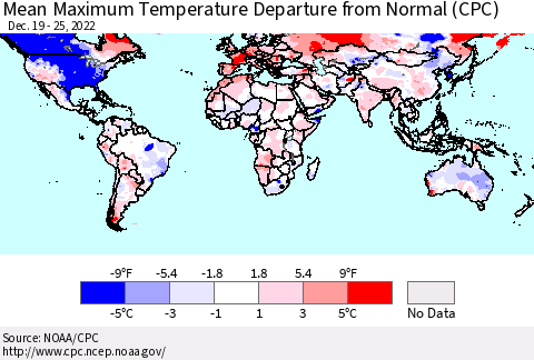World Mean Maximum Temperature Departure from Normal (CPC) Thematic Map For 12/19/2022 - 12/25/2022