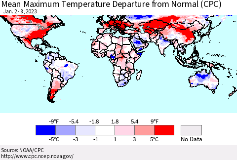 World Mean Maximum Temperature Departure from Normal (CPC) Thematic Map For 1/2/2023 - 1/8/2023