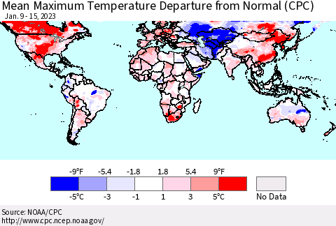 World Mean Maximum Temperature Departure from Normal (CPC) Thematic Map For 1/9/2023 - 1/15/2023