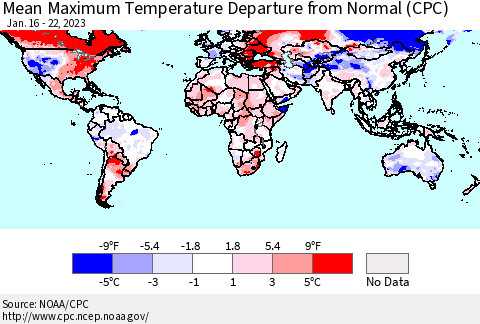 World Mean Maximum Temperature Departure from Normal (CPC) Thematic Map For 1/16/2023 - 1/22/2023