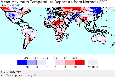 World Mean Maximum Temperature Departure from Normal (CPC) Thematic Map For 1/23/2023 - 1/29/2023