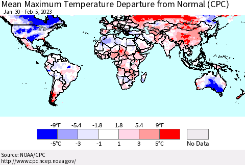 World Mean Maximum Temperature Departure from Normal (CPC) Thematic Map For 1/30/2023 - 2/5/2023