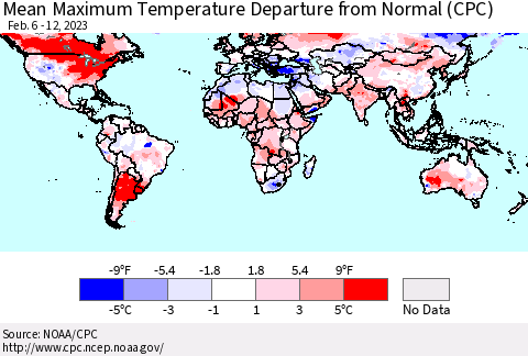 World Mean Maximum Temperature Departure from Normal (CPC) Thematic Map For 2/6/2023 - 2/12/2023