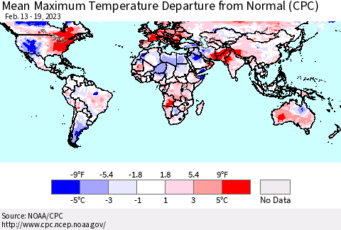 World Mean Maximum Temperature Departure from Normal (CPC) Thematic Map For 2/13/2023 - 2/19/2023