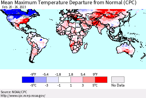 World Mean Maximum Temperature Departure from Normal (CPC) Thematic Map For 2/20/2023 - 2/26/2023