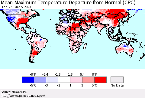 World Mean Maximum Temperature Departure from Normal (CPC) Thematic Map For 2/27/2023 - 3/5/2023