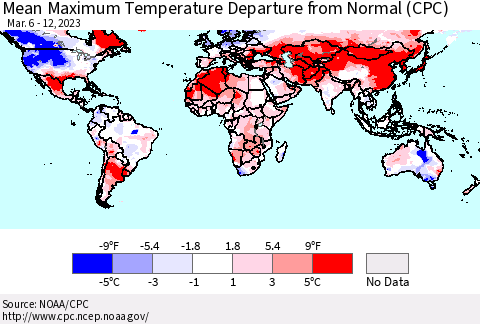 World Mean Maximum Temperature Departure from Normal (CPC) Thematic Map For 3/6/2023 - 3/12/2023