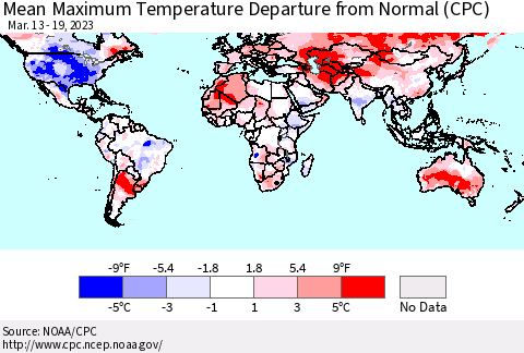World Mean Maximum Temperature Departure from Normal (CPC) Thematic Map For 3/13/2023 - 3/19/2023