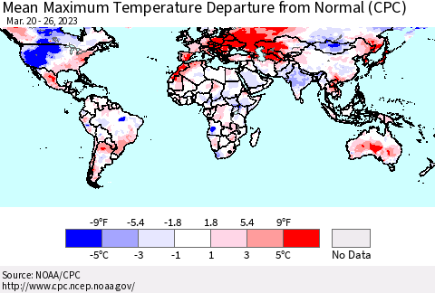 World Mean Maximum Temperature Departure from Normal (CPC) Thematic Map For 3/20/2023 - 3/26/2023