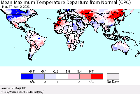 World Mean Maximum Temperature Departure from Normal (CPC) Thematic Map For 3/27/2023 - 4/2/2023