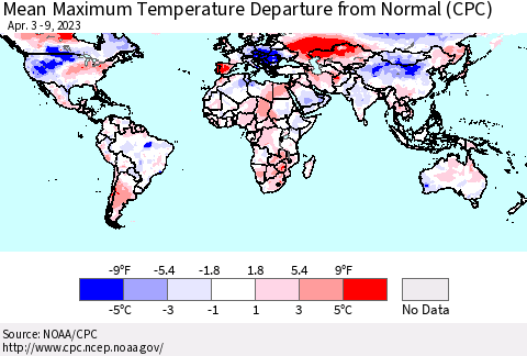 World Mean Maximum Temperature Departure from Normal (CPC) Thematic Map For 4/3/2023 - 4/9/2023