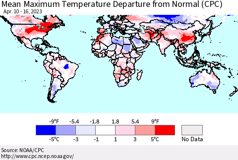 World Mean Maximum Temperature Departure from Normal (CPC) Thematic Map For 4/10/2023 - 4/16/2023