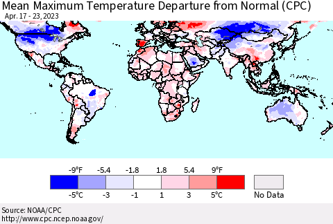 World Mean Maximum Temperature Departure from Normal (CPC) Thematic Map For 4/17/2023 - 4/23/2023