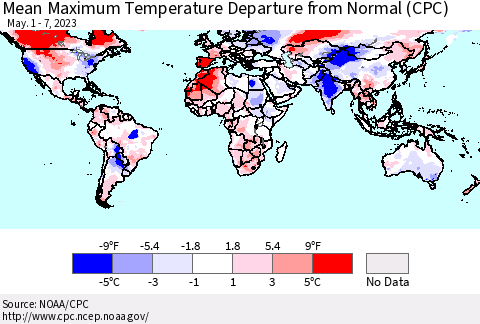 World Mean Maximum Temperature Departure from Normal (CPC) Thematic Map For 5/1/2023 - 5/7/2023