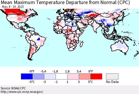 World Mean Maximum Temperature Departure from Normal (CPC) Thematic Map For 5/8/2023 - 5/14/2023