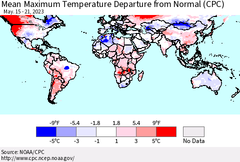 World Mean Maximum Temperature Departure from Normal (CPC) Thematic Map For 5/15/2023 - 5/21/2023
