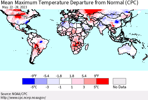 World Mean Maximum Temperature Departure from Normal (CPC) Thematic Map For 5/22/2023 - 5/28/2023