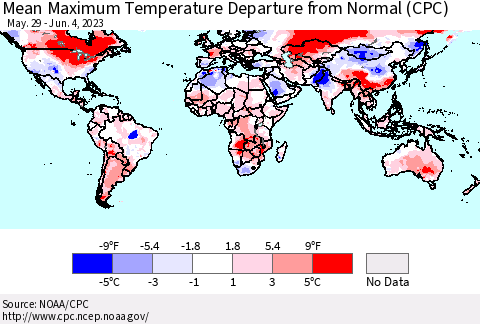 World Mean Maximum Temperature Departure from Normal (CPC) Thematic Map For 5/29/2023 - 6/4/2023