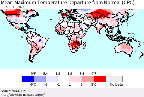 World Mean Maximum Temperature Departure from Normal (CPC) Thematic Map For 6/5/2023 - 6/11/2023