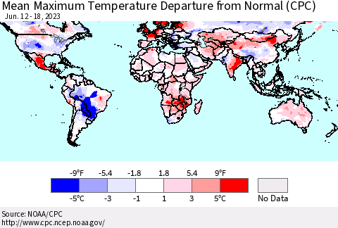 World Mean Maximum Temperature Departure from Normal (CPC) Thematic Map For 6/12/2023 - 6/18/2023