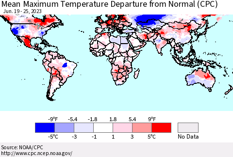World Mean Maximum Temperature Departure from Normal (CPC) Thematic Map For 6/19/2023 - 6/25/2023