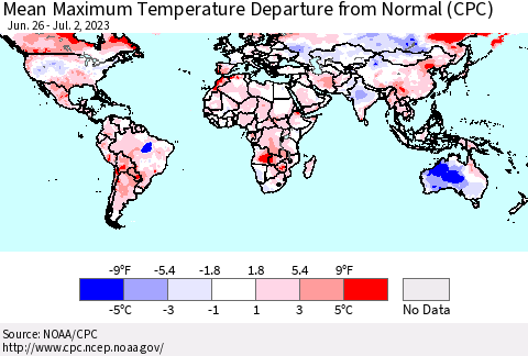 World Mean Maximum Temperature Departure from Normal (CPC) Thematic Map For 6/26/2023 - 7/2/2023