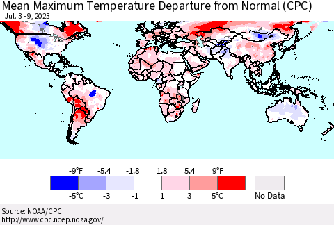 World Mean Maximum Temperature Departure from Normal (CPC) Thematic Map For 7/3/2023 - 7/9/2023