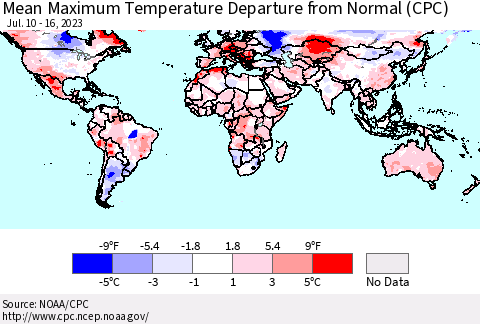 World Mean Maximum Temperature Departure from Normal (CPC) Thematic Map For 7/10/2023 - 7/16/2023