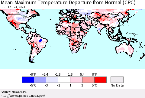World Mean Maximum Temperature Departure from Normal (CPC) Thematic Map For 7/17/2023 - 7/23/2023