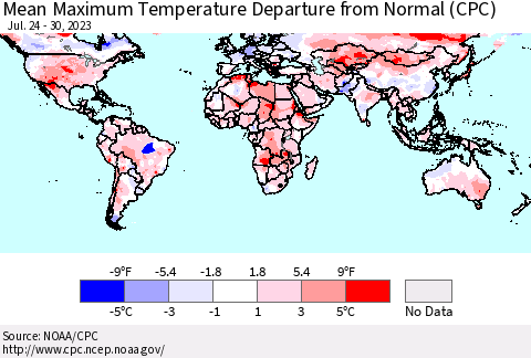World Mean Maximum Temperature Departure from Normal (CPC) Thematic Map For 7/24/2023 - 7/30/2023