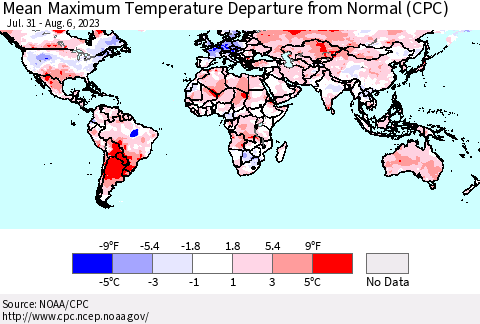 World Mean Maximum Temperature Departure from Normal (CPC) Thematic Map For 7/31/2023 - 8/6/2023