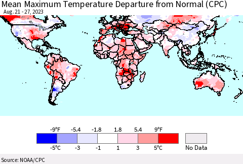 World Mean Maximum Temperature Departure from Normal (CPC) Thematic Map For 8/21/2023 - 8/27/2023
