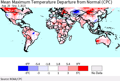 World Mean Maximum Temperature Departure from Normal (CPC) Thematic Map For 8/28/2023 - 9/3/2023